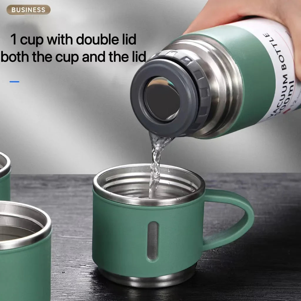 4-in-1 Stainless Steel Vacuum Water Bottle 500ml with 3 Leak-Proof Cups – Perfect for Gym, Home & Outdoor