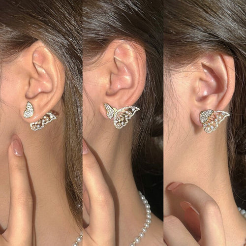 Imported Butterfly Front-Back Earrings – Zircon & Pearl Design | Luxury Fashion Jewelry for Girls & Women