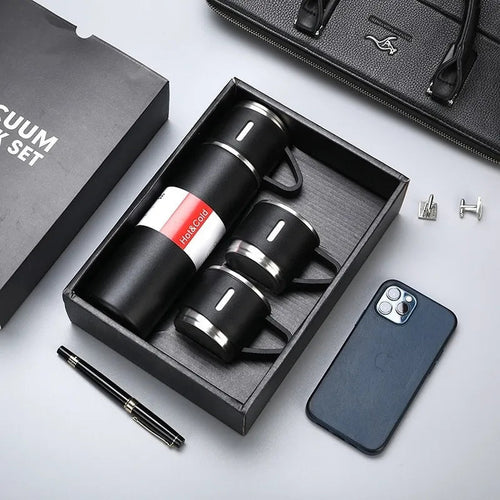 4-in-1 Stainless Steel Vacuum Water Bottle 500ml with 3 Leak-Proof Cups – Perfect for Gym, Home & Outdoor