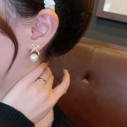 Elegant Golden Cross Pearl Zircon Earrings – Unique Stud Design | Fashion Luxury Earrings for Women
