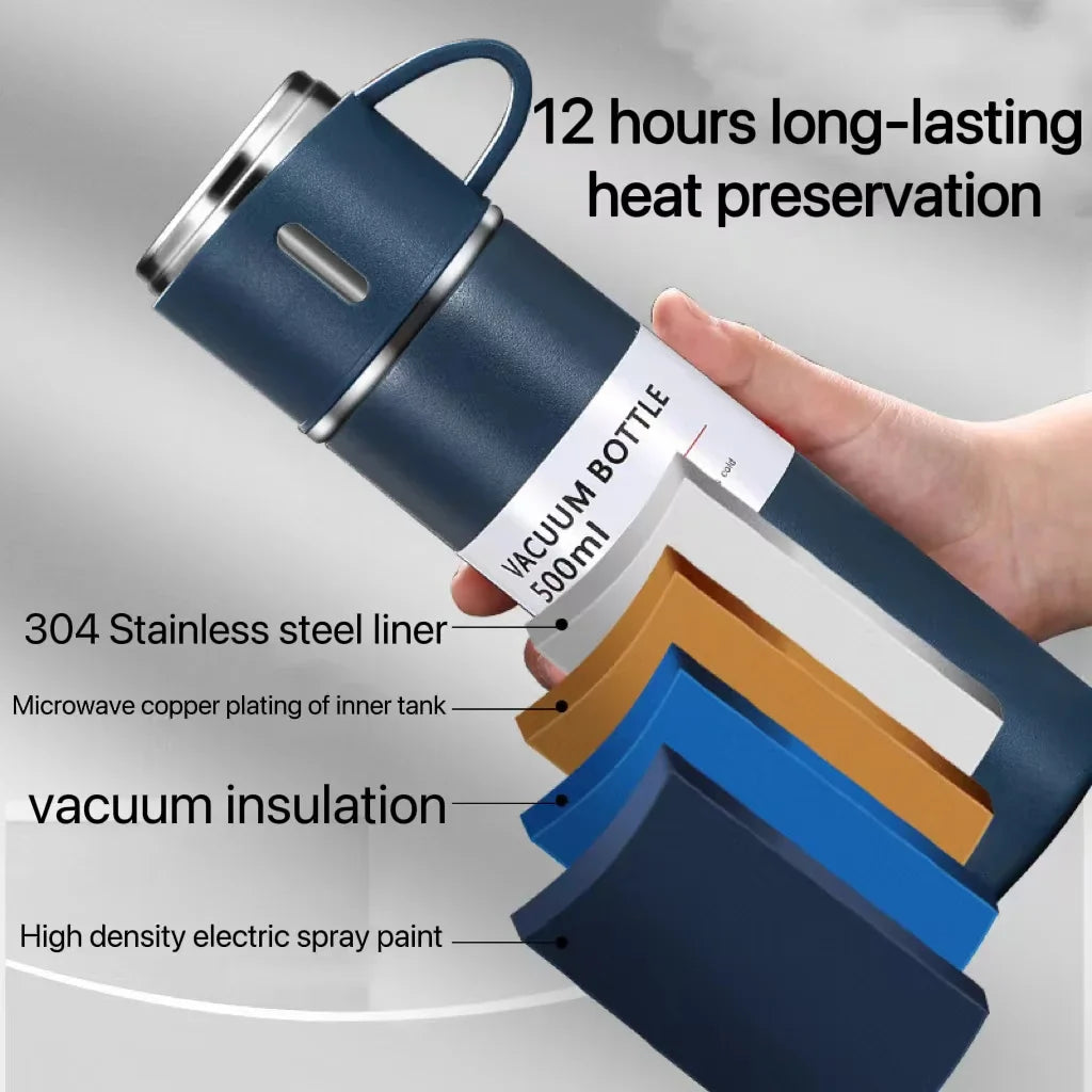 4-in-1 Stainless Steel Vacuum Water Bottle 500ml with 3 Leak-Proof Cups – Perfect for Gym, Home & Outdoor