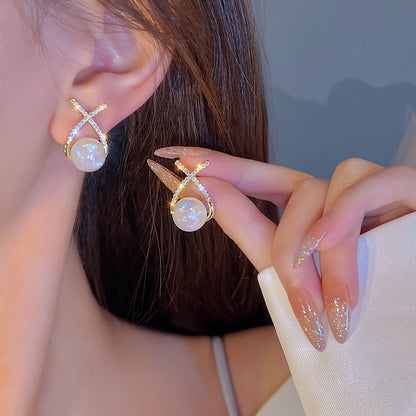 Elegant Golden Cross Pearl Zircon Earrings – Unique Stud Design | Fashion Luxury Earrings for Women